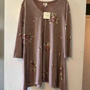 Fig and Flower Mauve Floral Tunic Sweater with Embroidered Flowers